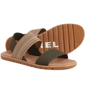Sorel Ella II Two Strap Sandal Green/Tan Sporty Elastic Strap Flat Sandals NWOB
